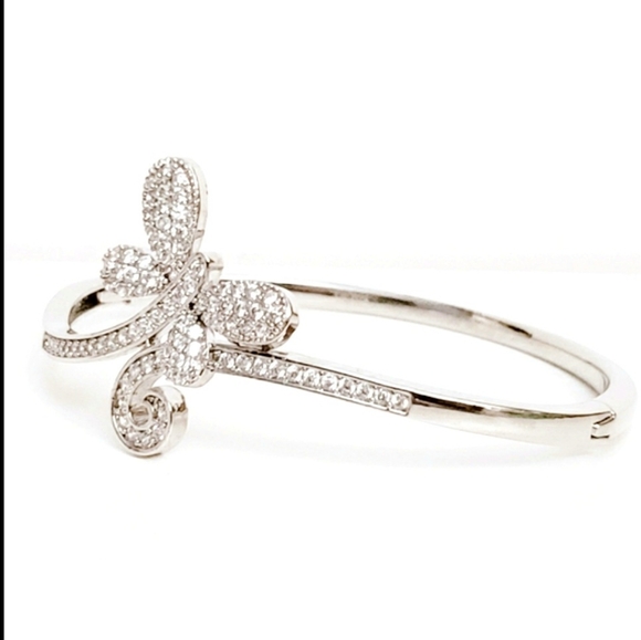 Silver Pave Rhinestone Butterfly Encrusted Clamper Bracelet Dainty & Elegant - Picture 6 of 7